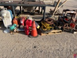 LOT OF ASSORTED GAS CANS, WATER HOSES, FUNNELS, & WAGON