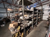 ROW OF 5 SHELVES HYD VALVE BANK, CYLINDERS, POWER STEERING PUMPS, & RELATED