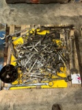 PALLET OF VARIOUS SIZE BOX END WRENCHES, BUCKET OF SOCKETS