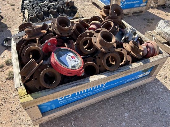 PALLET BOX OF UNUSED (30+) 4" ADAPTER FLANGES, (6+) 12" CAST IRON WAFER VALVES, SOME 1502 15K ADAPTE