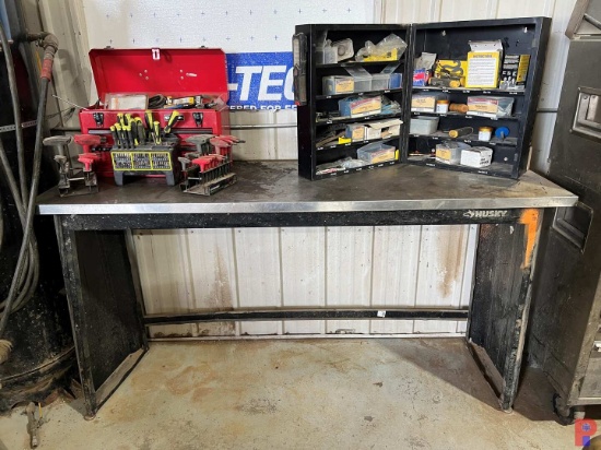 6'L X 2'W HUSKY SHOP TABLE W/ T-HANDLE HEX KEY SET, ALLEN WRENCHES, & MISC.