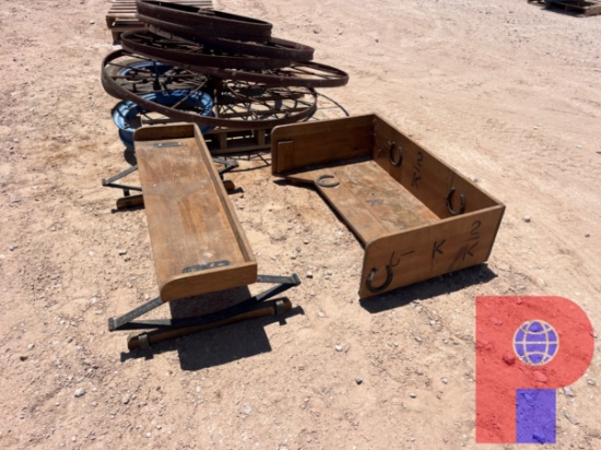 PALLET OF STEEL WAGON WHEELS W/ BENCH AND BASKET