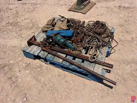 1 PALLET HIGH LIFT JACK, GRINDER, HAMMERS, BRIDLES AND ASSORTED TOOLS