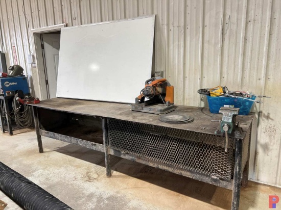 10'L X 3'W METAL SHOP TABLE W/ RIGID CHOP SAW, METAL CUTTING DISCS, MTD CHAIN VICE, VICE, & WHITE BO