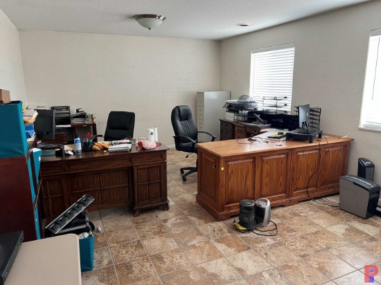 CONTENTS OF OFFICE THAT INCLUDE 30"X62" WOOD DESK, L-SHAPED WOOD DESK, & SEE DETAILS