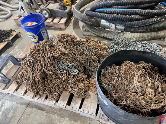 2 PALLETS HAUL TRUCK WINTER TIRE CHAINS, 2- TIRE CHAIN REPAIR TOOLS, & TIRE SAVERS