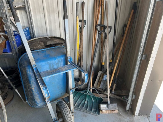 TRUPER WHEEL BARROW, & HAND TOOLS TO INCLUDE BROOMS, SHOVELS, & SQUEEGES