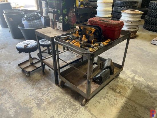 DEWALT ELECTRIC IMAPCT, DRILL, FLASHLIGHT, BATTERIES, & CHARGER W/ ROLLING METAL TABLES & TWO MECHAN