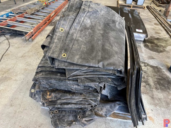 3-8' FLATBED DROP TARPS, 1-4' DROP TARP & 11 UNUSED MUDFLAPS