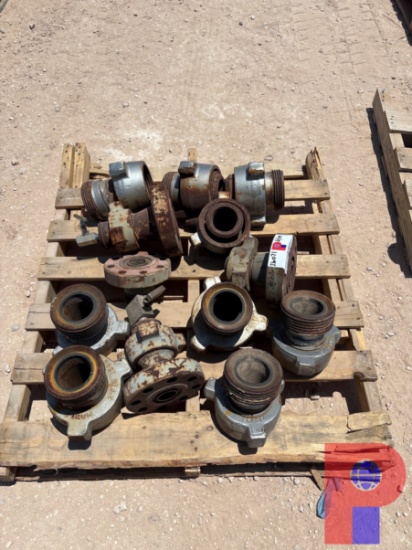 PALLET W/ (9) 3 1502 HAMMER UNIONS & (4) 2 X 2 1502 WECO FLANGES