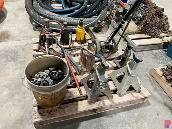 TWO PALLETS W/ BOTTLE JACKS, JACK STANDS, ROLLING PNEUMATIC LINE PAINTER & SEE DETAILS