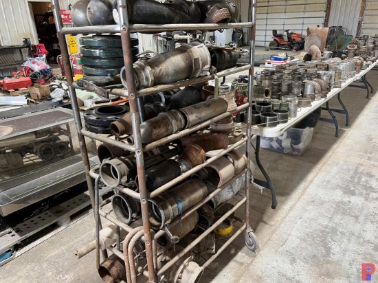 QUANTITY OF 2" TO 6" HOSE ENDS, CAPS, WATER SPRAYERS, PUMP SIGHT GLASSES, & RUBBER GASKETS W/ ROLLIN