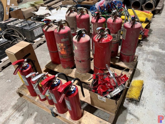 PALLET OF USED AND UNUSED FIRE EXTINGUISHERS AND MOUNTING BRACKETS
