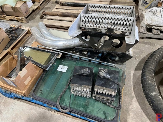 3 PALLETS OF TRUCK PARTS & ACCESSORIES INCLUDING UNUSED PETERBILT WINDOWS, 4-CB RADIOS, & SEE DETAIL
