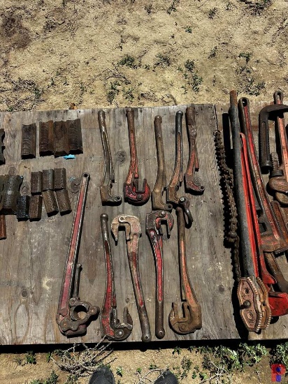(3) PALLETS WITH 24 & 36 INCH PIPE WRENCHES, ROD WRENCHES & MISC. SLIP & TONG DIES