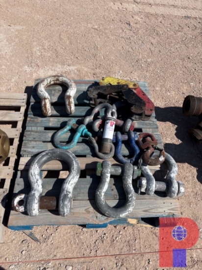 PALLET OF (9) ASSORTED CLEVISES, (1) CROSBY HOOK, & (2) BARREL LIFT CLAWS