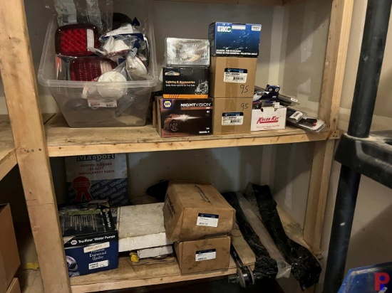TWO SHELVES CONTAINING TAIL LIGHTS, HEAD LIGHTS, WINDSHIELD WIPERS, BUSHING KITS..ETC