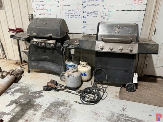 TWO PROPANE GRILLS W/ PROPANE BOTTLES, MAGIC CHEF REFRIGERATOR-FREEZER, FOUR PEAR BURNERS