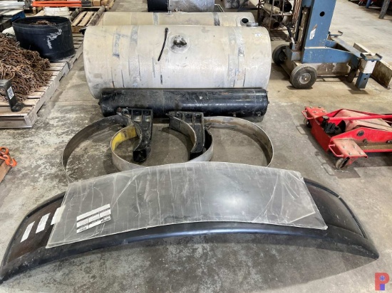 HAUL TRUCK PARTS INCLUDING - FENDER, FUEL TANK STRAPS, 2-60" FUEL TANKS, TWO MUFFFLERS, & SEE DETAIL