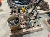 TWO PALLETS W/ BOTTLE JACKS, JACK STANDS, ROLLING PNEUMATIC LINE PAINTER & SEE DETAILS