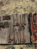 (3) PALLETS WITH 24 & 36 INCH PIPE WRENCHES, ROD WRENCHES & MISC. SLIP & TONG DIES