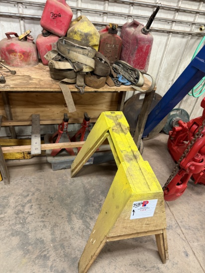 (2) 6 Ton & (1) 3 Ton Jack Stands, (2) Wooden Saw Hores, (6) 2 Ratchet Straps, (6) Gas Cans