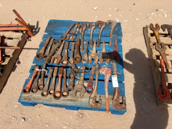 Pallet of (17) assorted hammer wrenches, (7) rod wrenches, & (5) rod tong backups