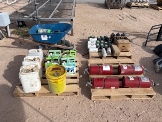 (3 pallets) w/ fire extinguishers, blue DEF, air brake anti freeze, wheel barrow, etc.
