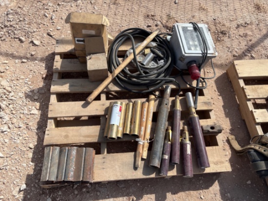 Pallet w/ assorted sucker rod overshots & fishing tools, slip dies, Otis 7010 monitor, tool handles