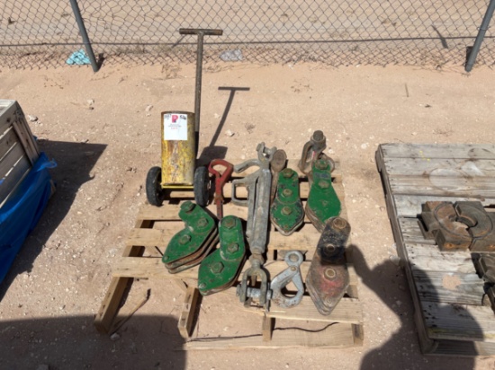 Pallet w/ (5) snatch blocks, tool dolly, cable cutter, & turnbuckle