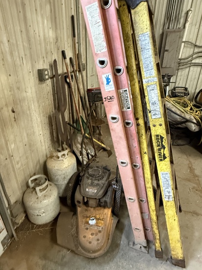 Wall Section W/ Cub Cadet St 100 Weed Eater, (2) Ladders, (2) Propane Bottles, Dolly & Hand Tools