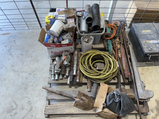 Pallet W/ Swab Cups, Swab & Rod Tools, (2) 36 Pipe Wrenches Bucket Of Sockets & Related Parts