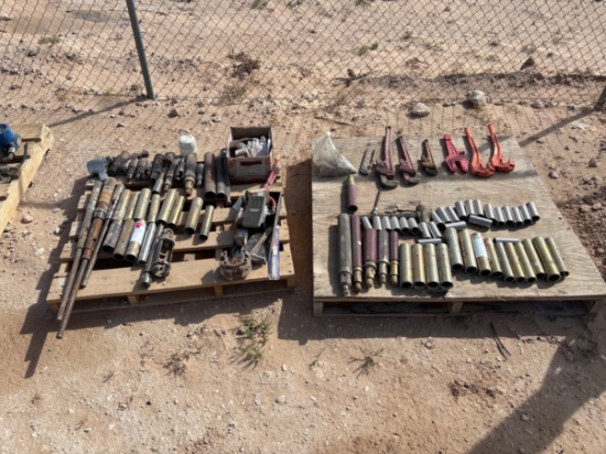 (2 pallets) of assorted sucker rod overshots, fishing tools, (2) petol rod wrenches, pipe wrenches,