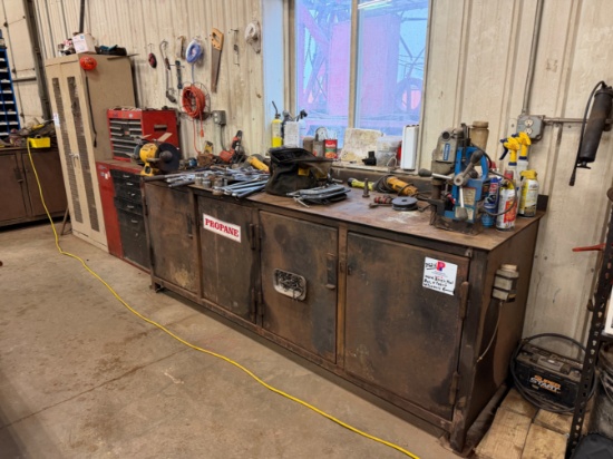 Work Bench, Tools & Tool Boxes on east wall to include: