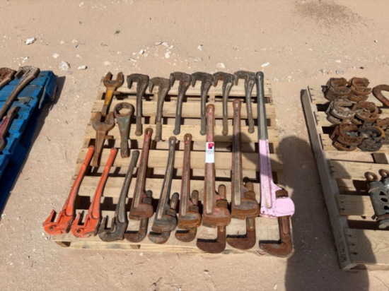 Pallet of (6) assorted pipe wrenches, (9) rod wrenches, & (2) rod tong backups