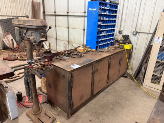 Heavy duty Work Bench, Drill Press & Bolt Bin w/ Contents
