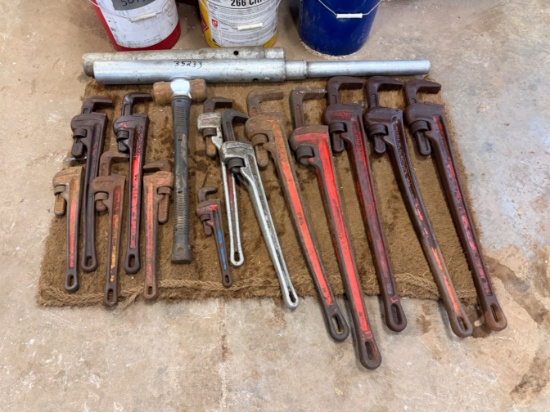 (13) 36 to 12 Rigid Pipe Wrenches w/ Sledge & Cheater Pipe