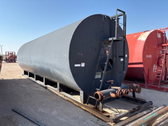 J&J steel 10 6 x 32 500BBL round bottom frac tank, skidded