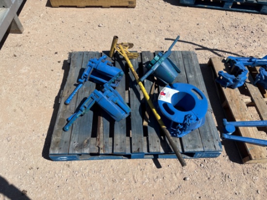 Pallet w/ (1) 3-1/2 split slip bowl, (2) 3-1/2 TS-100 slips, 5-1/2 ortco slips, & (1) pipe jack