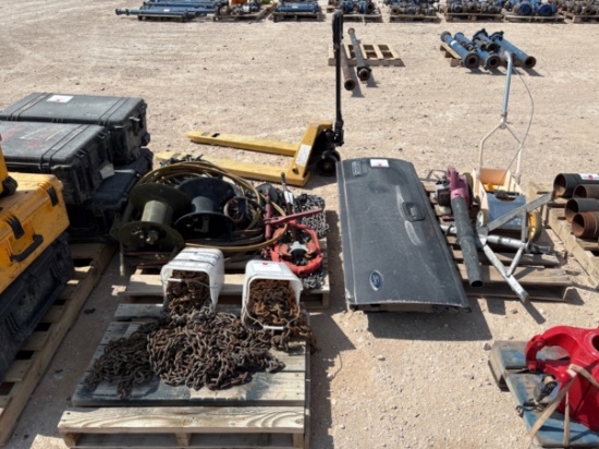 (3 pallets) w/ assorted chains, oxygen/acetylene hoses, F-250 super duty tailgate, leaf blower, pall
