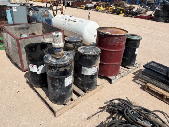(2 pallets) w/ assorted high temp grease drums, pneumatic grease pumps, & gear oil