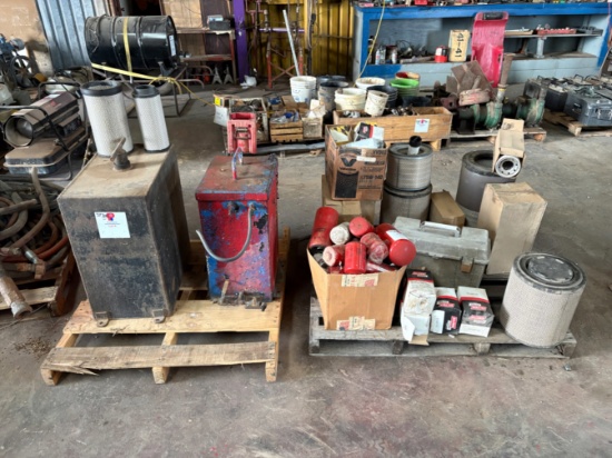 (2) fuel tanks & (2) pallets of assorted hoses, air filters, & oil filters