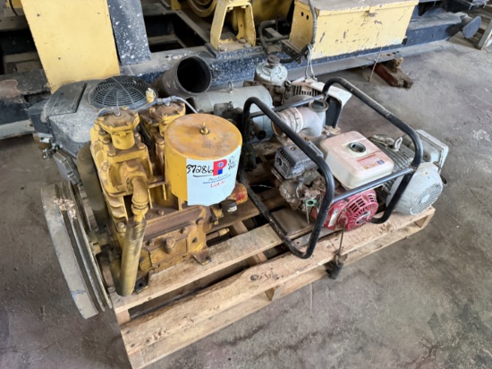 PALLET W/ HODA GX160 GAS TRASH PUMP (INOP), BENDIX CAT AIR COMPRESSOR, (4) ELECTRIC MOTORS, KOHLER O