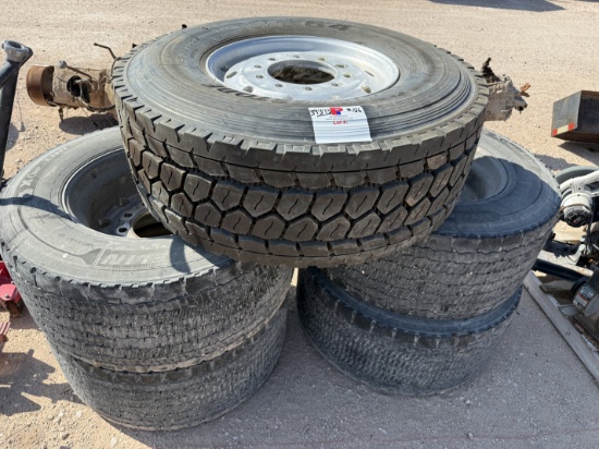 (1) (UNUSED) BRIDGESTONE 425/65R22.5 & ALUM WHEEL & (4) MICHELIN 445/50R22.5 SUPER SINGLES W/ ALUM W