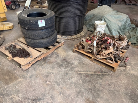 (2 pallets) assorted manual tong parts, slip handles, slip dies, (3) Goodyear P265/70R17 tires, etc