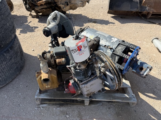 PALLET W/ COWBOY CVP620 VACUUM PUMP, CHAMPION AIR COMPRESSOR, 2 GAS POWERED TRASH PUMP, PORTER CHOP