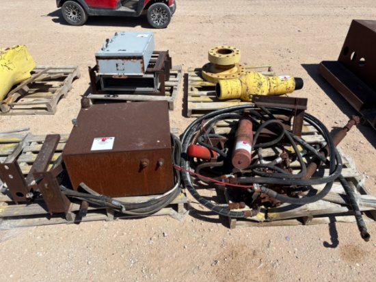 (3 pallets) w/ 26 x 24 x 16 hydraulic oil tank, hydraulic pump, hoses, hyd jack, breaker box, etc.