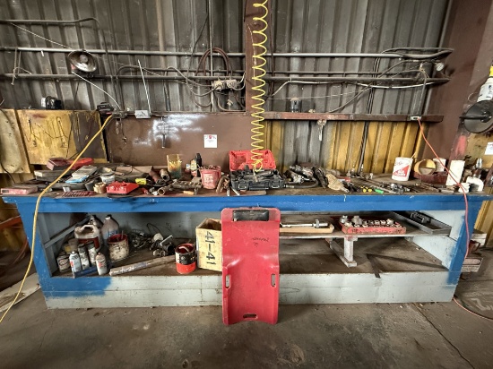 CONTENTS OF WORK BENCH AREA, AIR IMPACT WRENCHES, SOCKETS, CREEPER, & RELATED