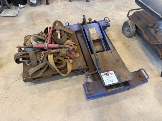 (1) 1-1/2 TON TRANSMISSION JACK, 4-WHEEL FLAT DOLLEY, STRAPS, & BINDERS