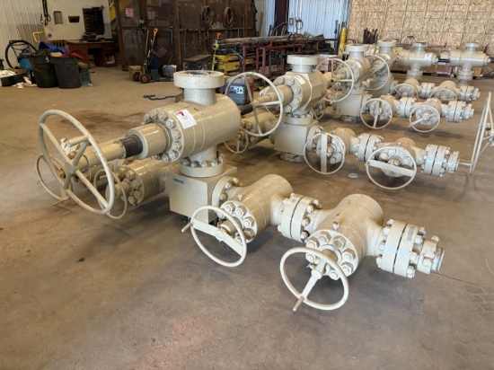 (4) 4-1/16 10k gate valves, (1) 5-1/8 10k gate valve & (1) 4-way fluid cross